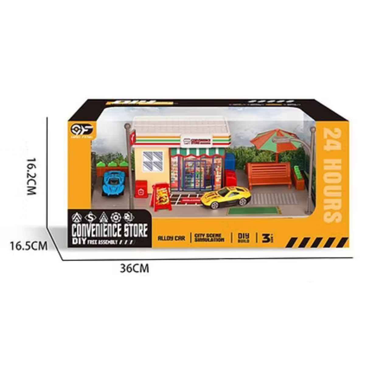 Children's Pretend Play Convenience Store & Parking Set – Free Assembly City Simulation Toy with Bench, Umbrella & Die-Cast Cars