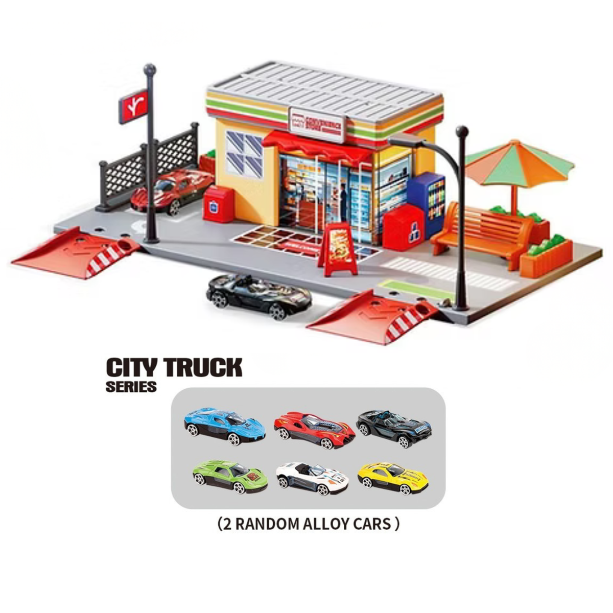 Children's Pretend Play Convenience Store & Parking Set – Free Assembly City Simulation Toy with Bench, Umbrella & Die-Cast Cars