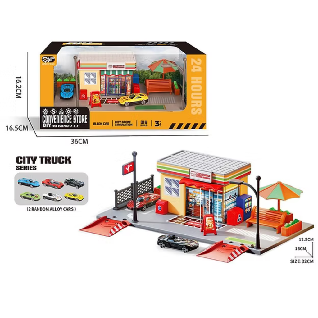 Children's Pretend Play Convenience Store & Parking Set – Free Assembly City Simulation Toy with Bench, Umbrella & Die-Cast Cars