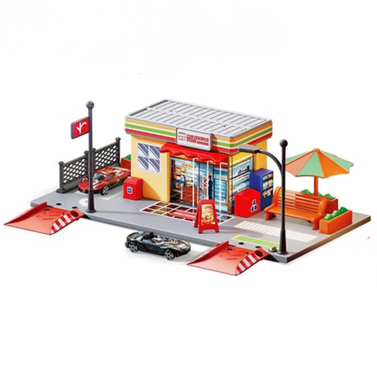 Children's Pretend Play Convenience Store & Parking Set – Free Assembly City Simulation Toy with Bench, Umbrella & Die-Cast Cars