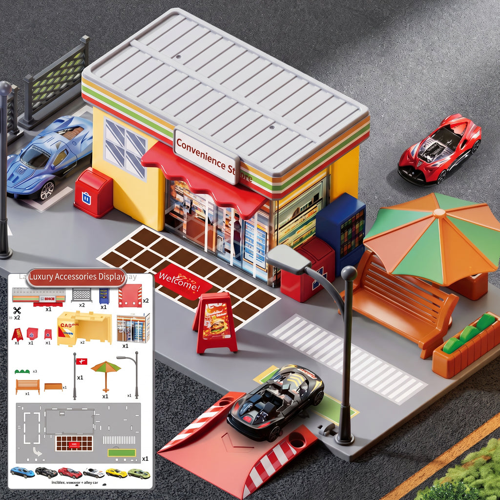 Children's Pretend Play Convenience Store & Parking Set – Free Assembly City Simulation Toy with Bench, Umbrella & Die-Cast Cars