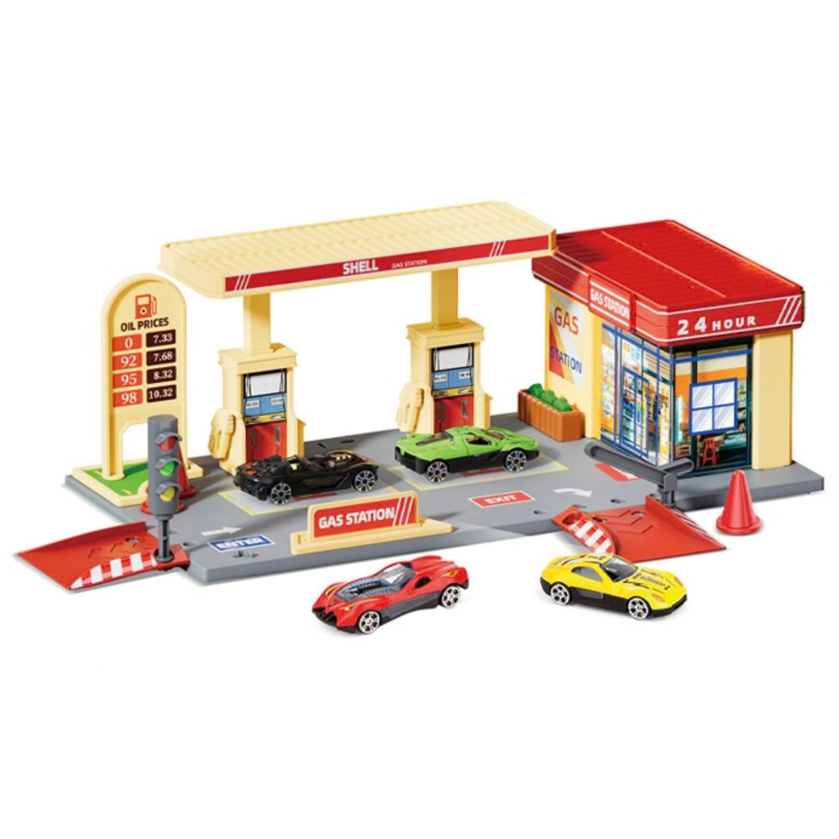 Children's Pretend Play Petrol Station & Convenience Store – Free Assembly City Garage Set with Traffic Light & Die-Cast Cars