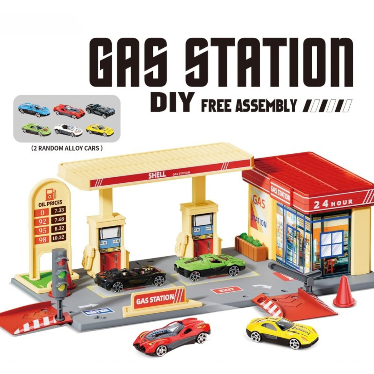 Children's Pretend Play Petrol Station & Convenience Store – Free Assembly City Garage Set with Traffic Light & Die-Cast Cars