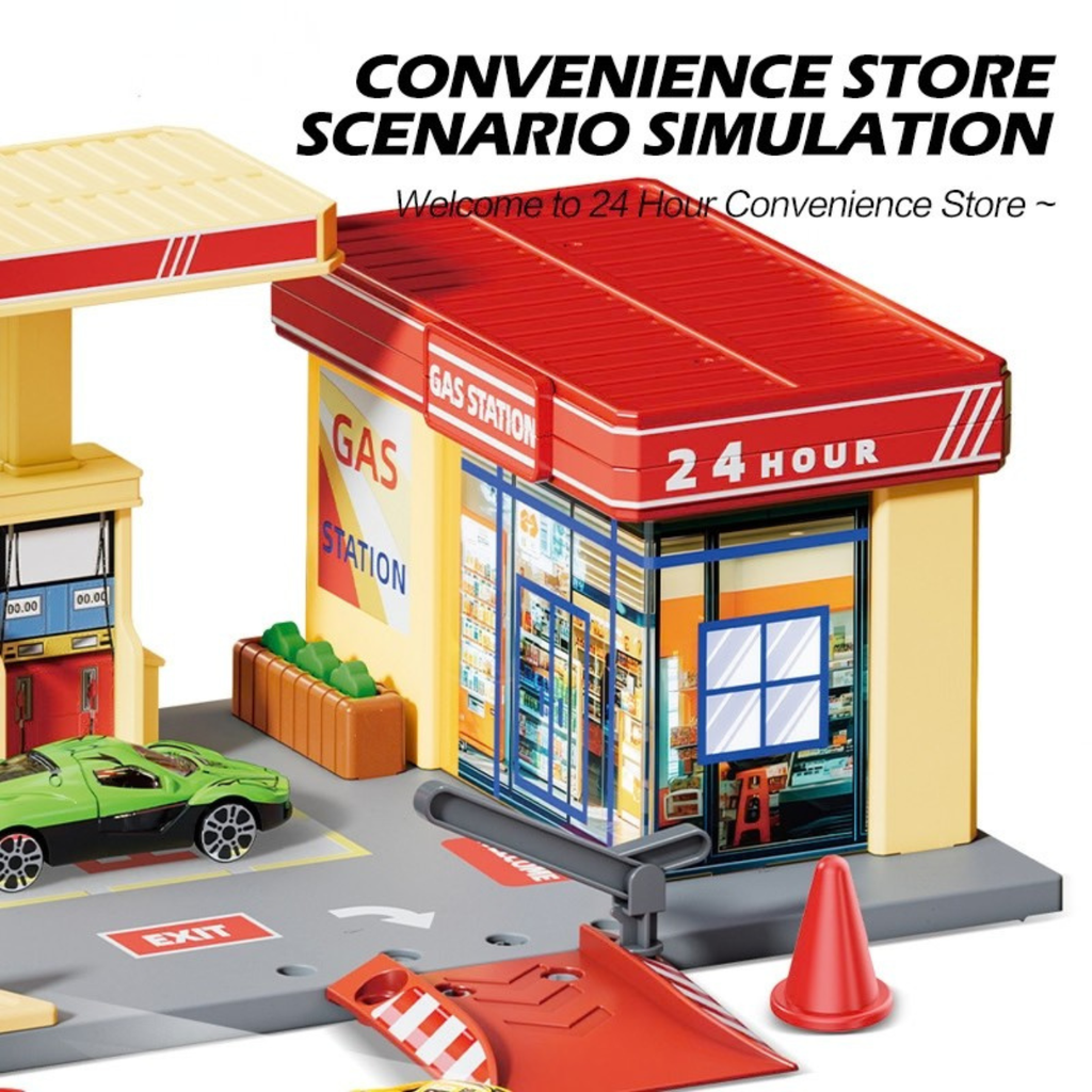 Children's Pretend Play Petrol Station & Convenience Store – Free Assembly City Garage Set with Traffic Light & Die-Cast Cars