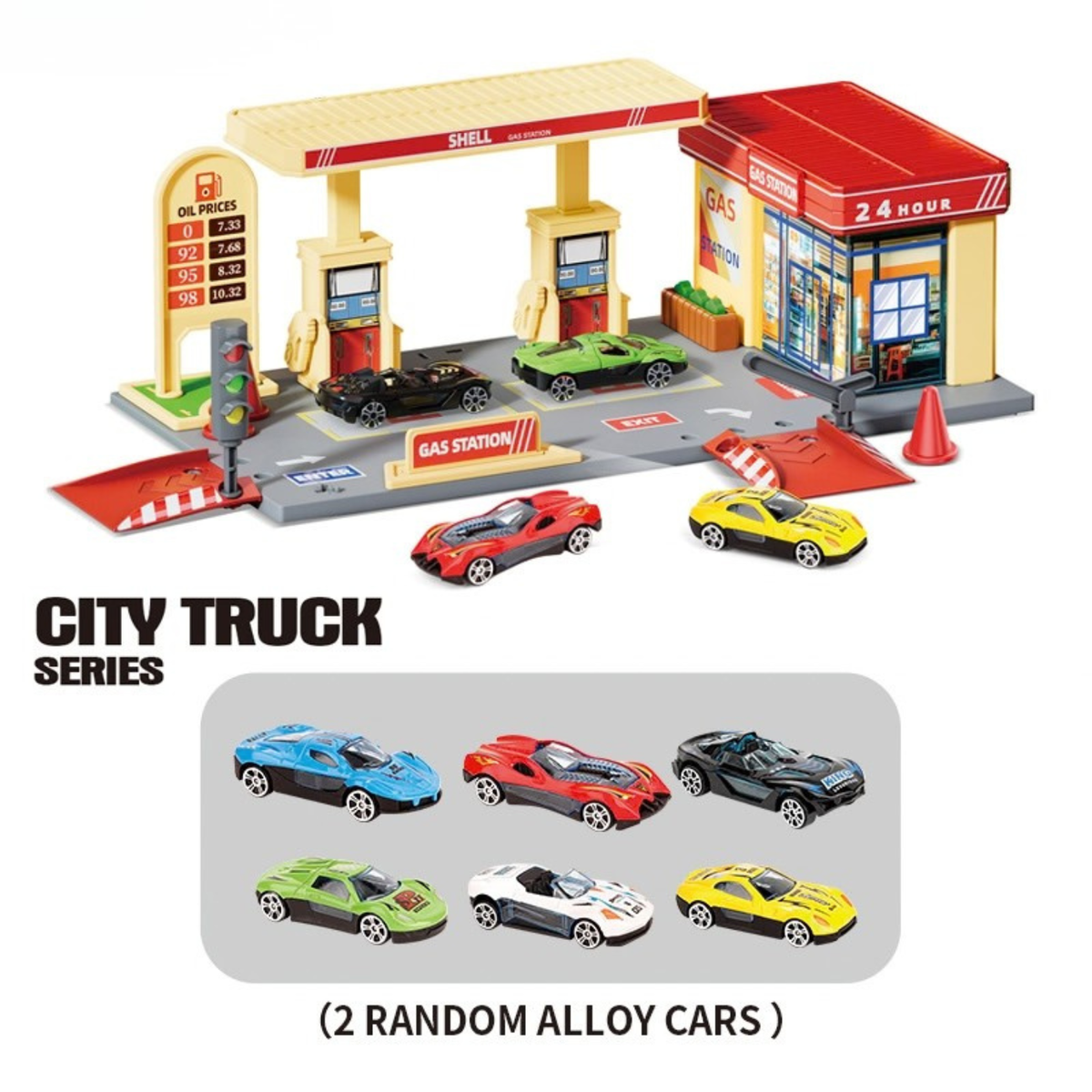 Children's Pretend Play Petrol Station & Convenience Store – Free Assembly City Garage Set with Traffic Light & Die-Cast Cars