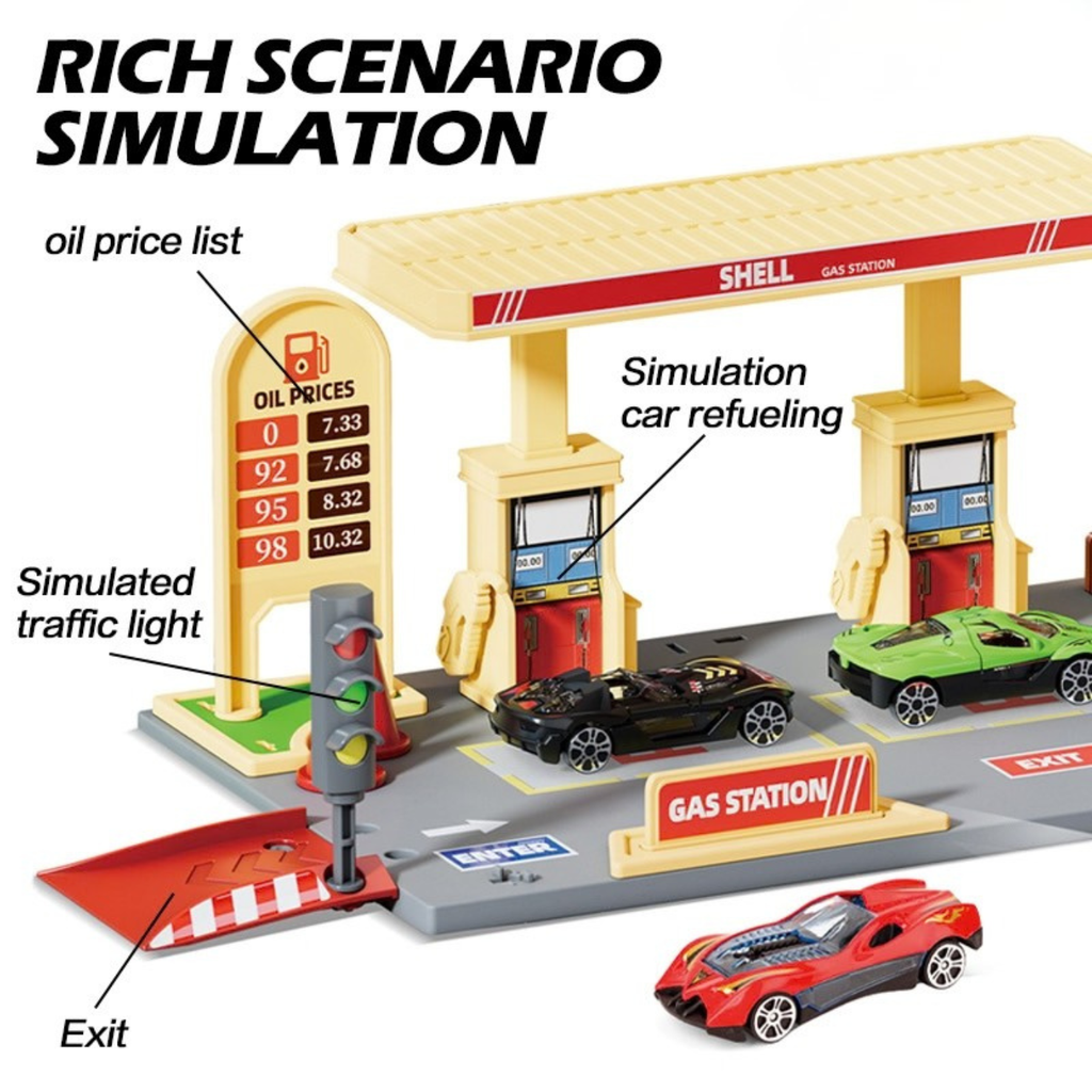 Children's Pretend Play Petrol Station & Convenience Store – Free Assembly City Garage Set with Traffic Light & Die-Cast Cars