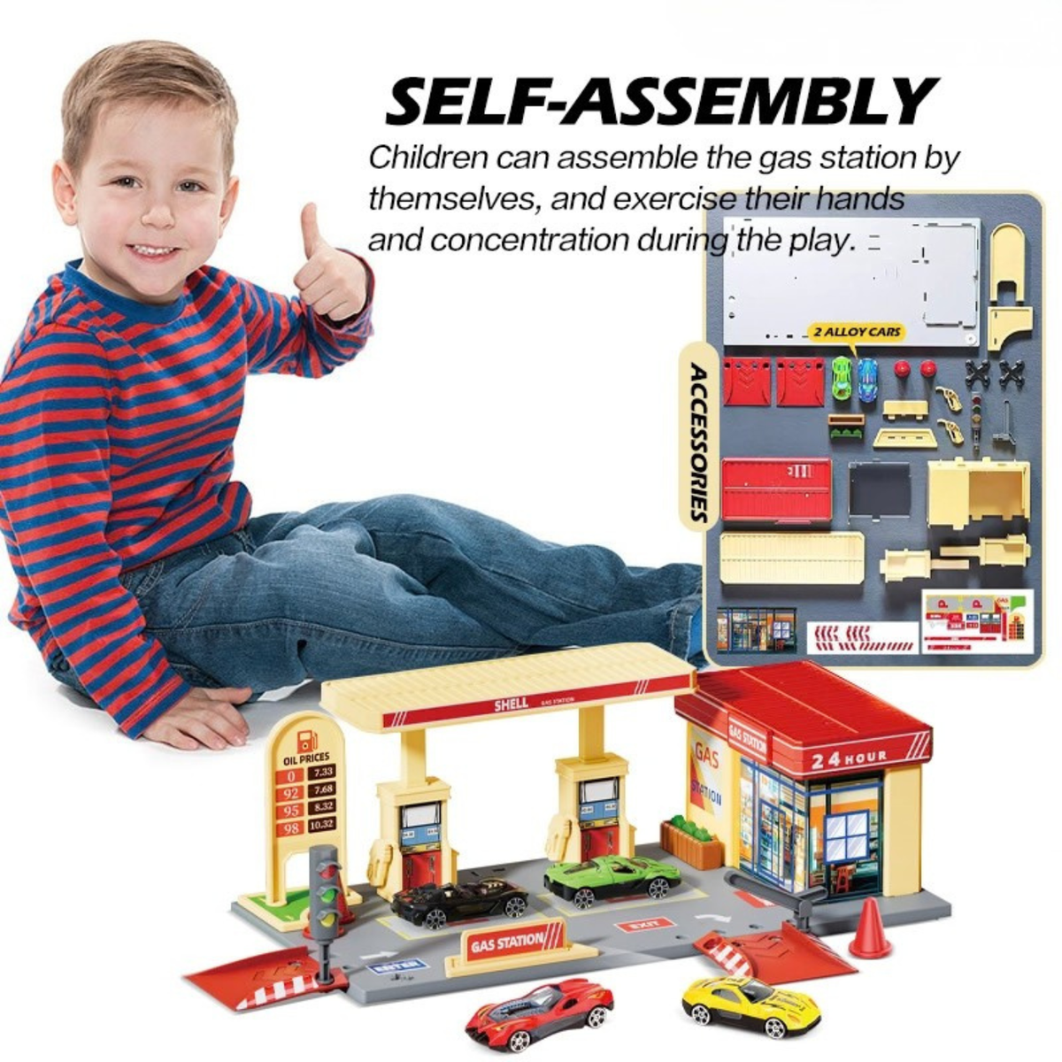Children's Pretend Play Petrol Station & Convenience Store – Free Assembly City Garage Set with Traffic Light & Die-Cast Cars