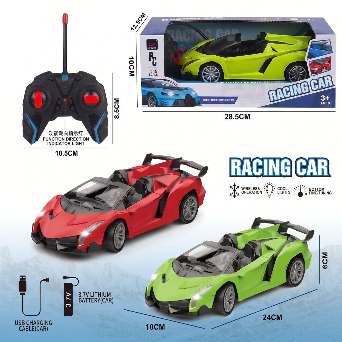 Remote Control Racing Car 1:18 Scale - Rechargeable RC Car with LED Lights