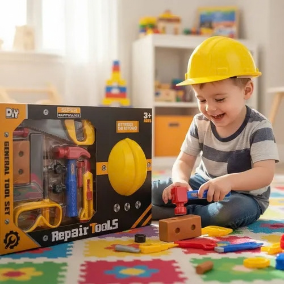 Kids DIY Pretend Play General Tool & Construction Set with Hard Hat
