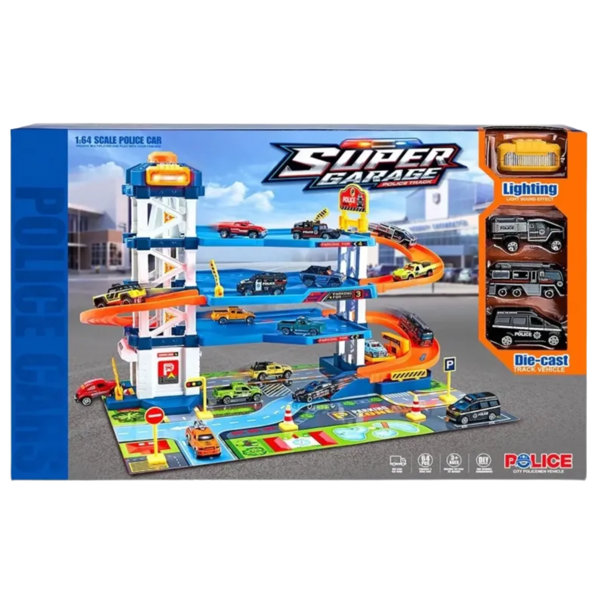Street Convoy 64-Piece Multi-Level Police Station Parking Garage Playset with Die-Cast Cars, Interactive Elevator, Lights & Spiral Track