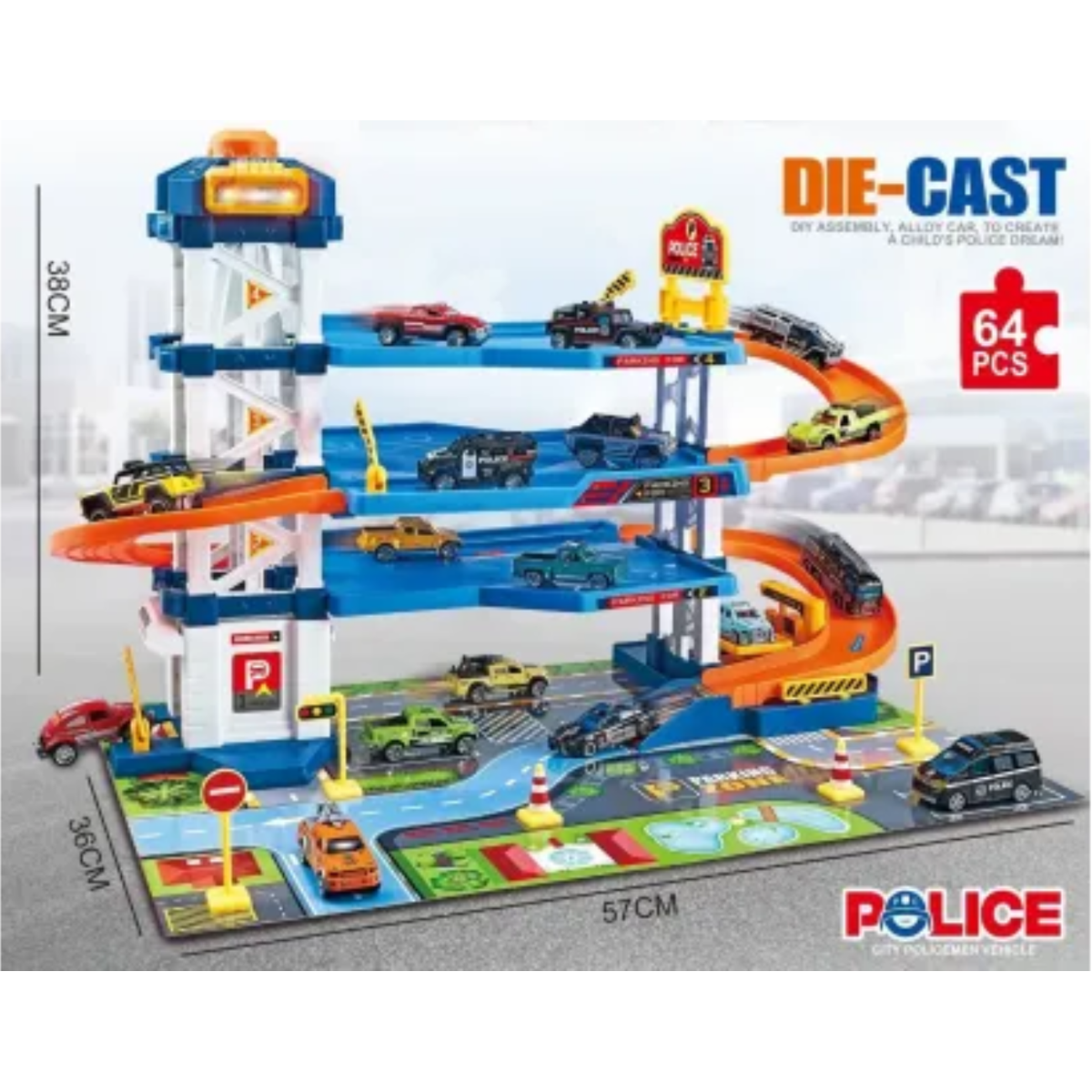 Street Convoy 64-Piece Multi-Level Police Station Parking Garage Playset with Die-Cast Cars, Interactive Elevator, Lights & Spiral Track