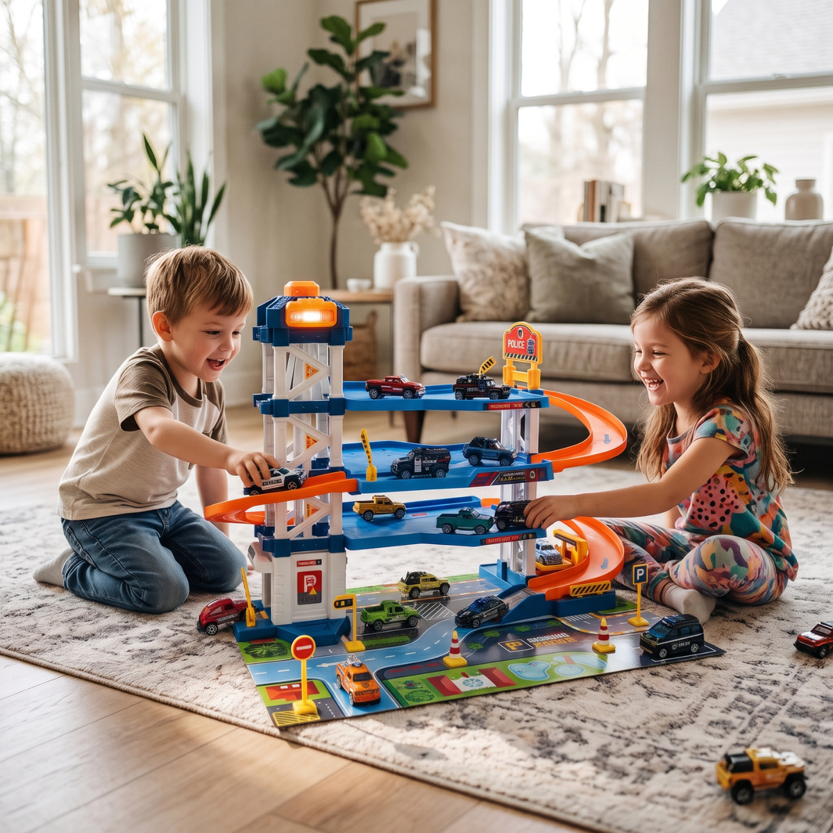 Street Convoy 64-Piece Multi-Level Police Station Parking Garage Playset with Die-Cast Cars, Interactive Elevator, Lights & Spiral Track