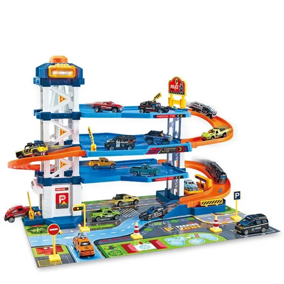 Street Convoy 64-Piece Multi-Level Police Station Parking Garage Playset with Die-Cast Cars, Interactive Elevator, Lights & Spiral Track