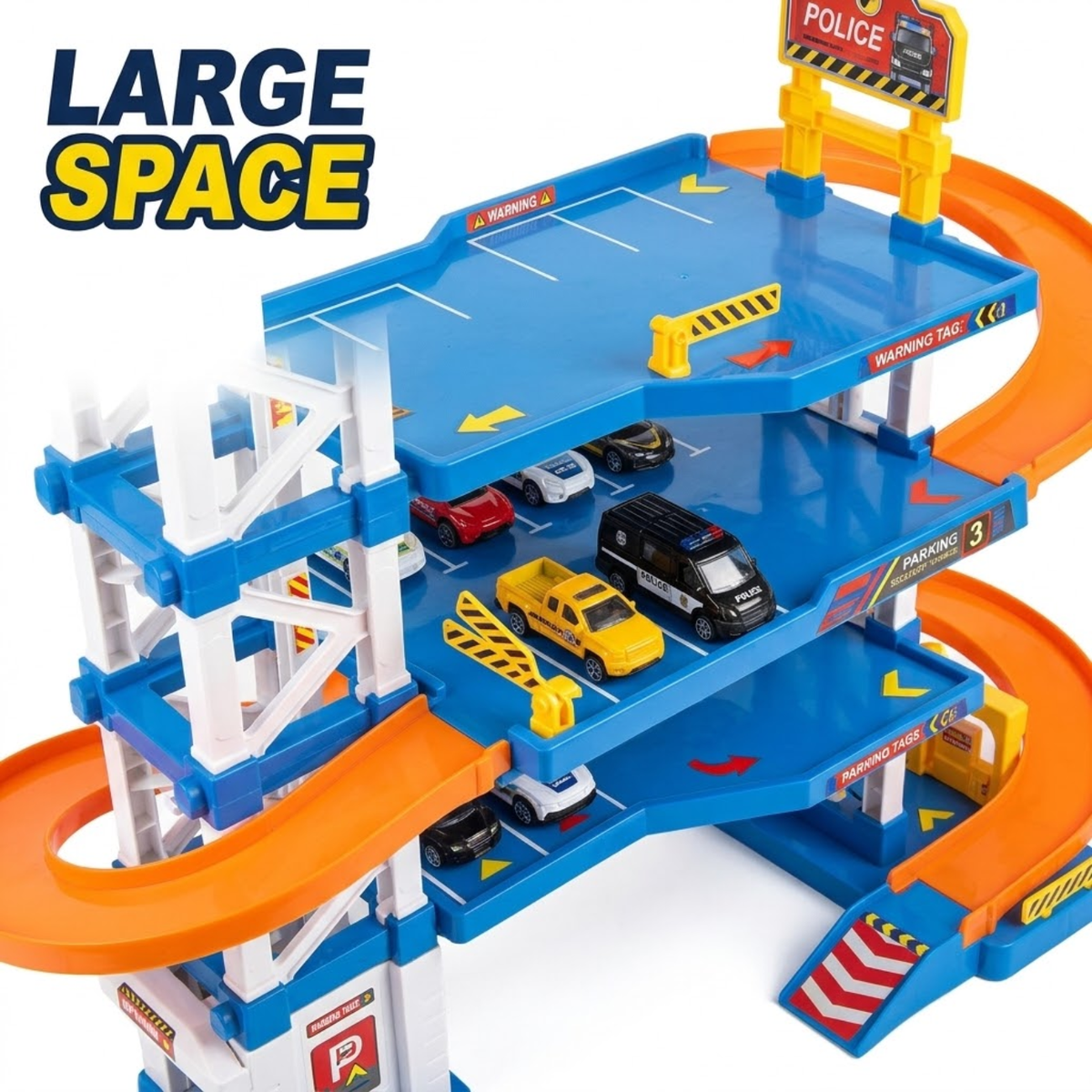 Street Convoy 64-Piece Multi-Level Police Station Parking Garage Playset with Die-Cast Cars, Interactive Elevator, Lights & Spiral Track