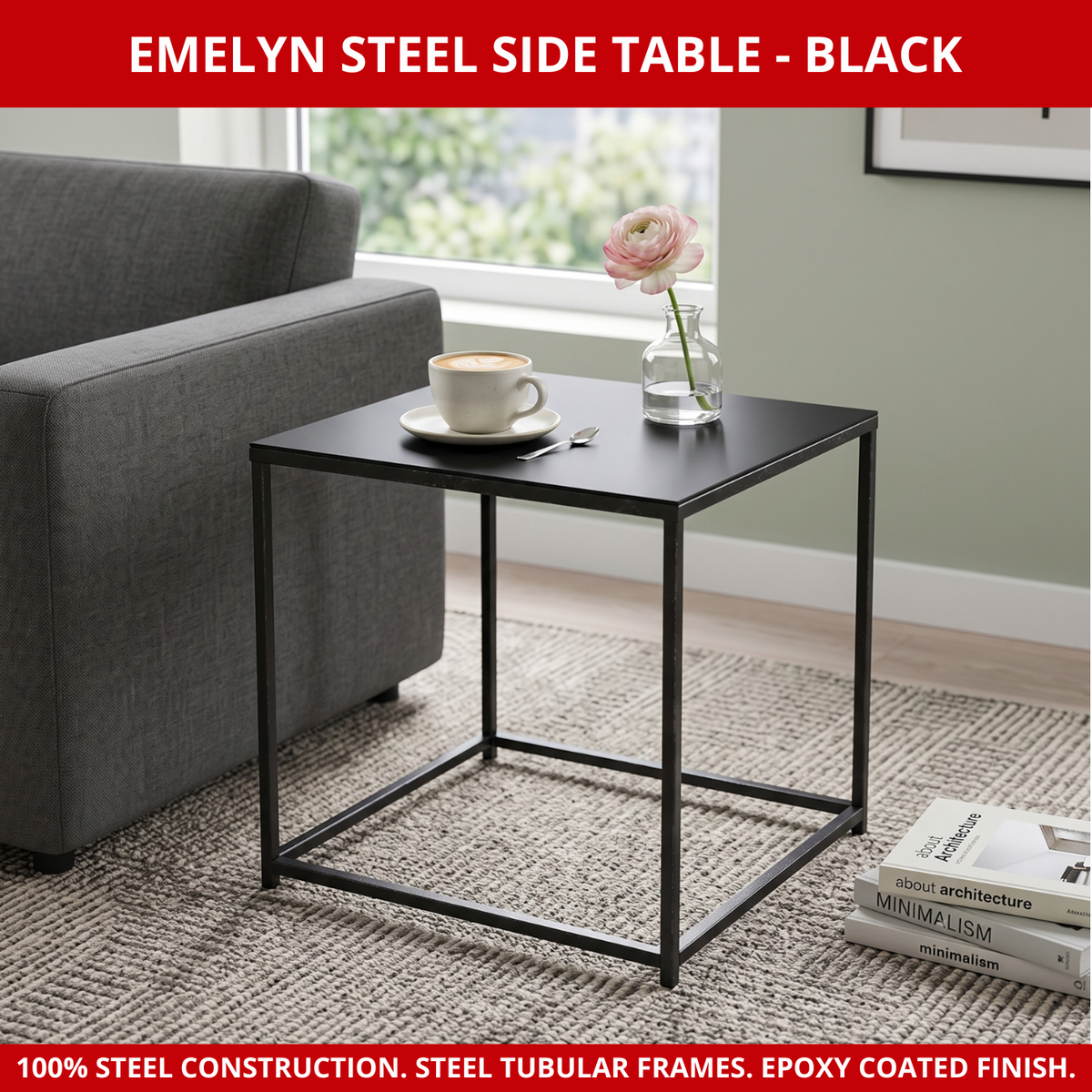 Scarab Emelyn Side Table, Fully Assembled Powder Coated Steel Minimalist Living Room & Bedroom Furniture