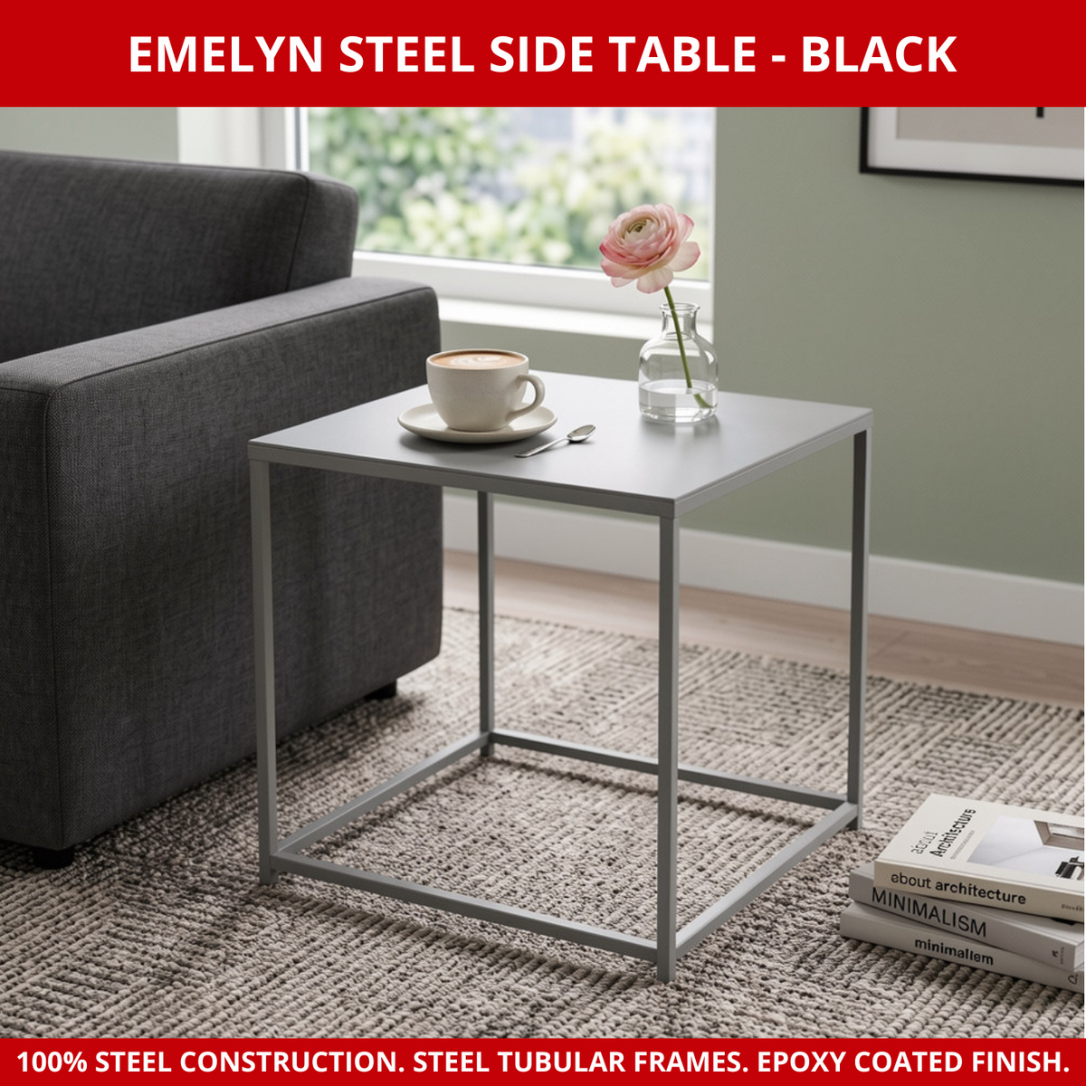 Scarab Emelyn Side Table, Fully Assembled Powder Coated Steel Minimalist Living Room & Bedroom Furniture