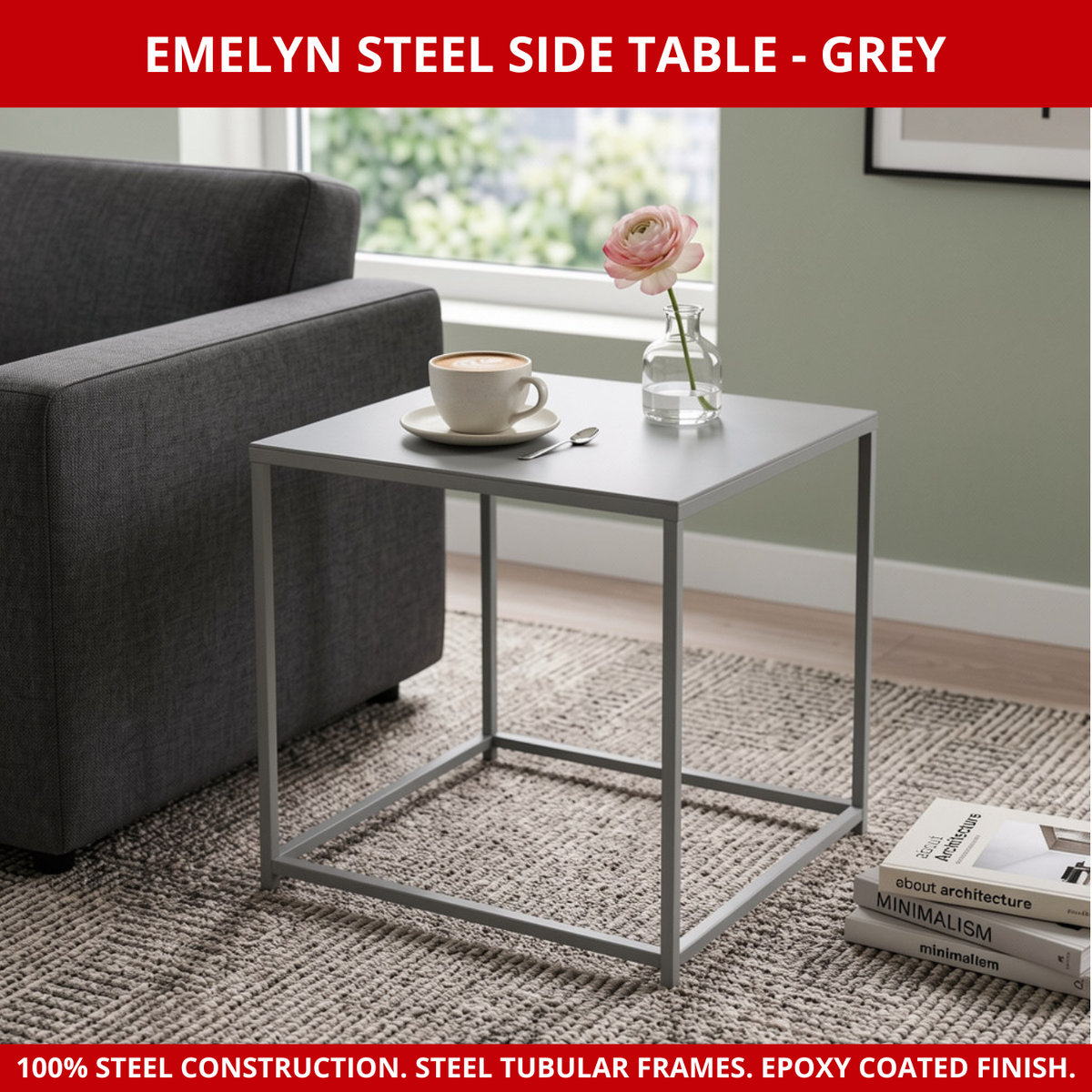 Scarab Emelyn Side Table, Fully Assembled Powder Coated Steel Minimalist Living Room & Bedroom Furniture