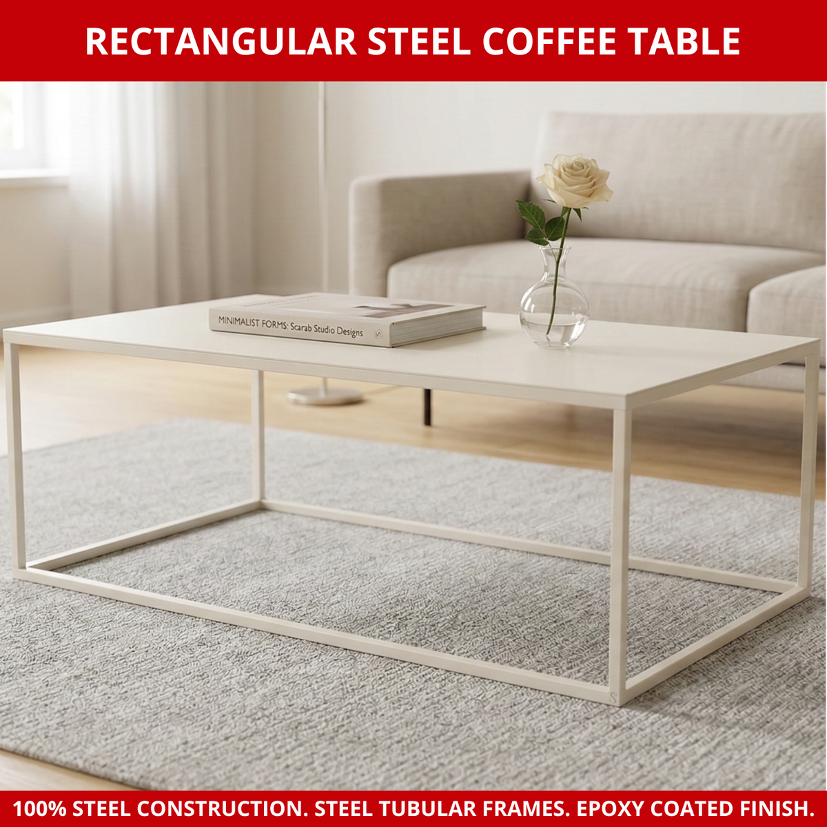 Scarab Emelyn Rectangular Coffee Table, Fully Assembled Powder Coated Steel Minimalist Living Room Furniture