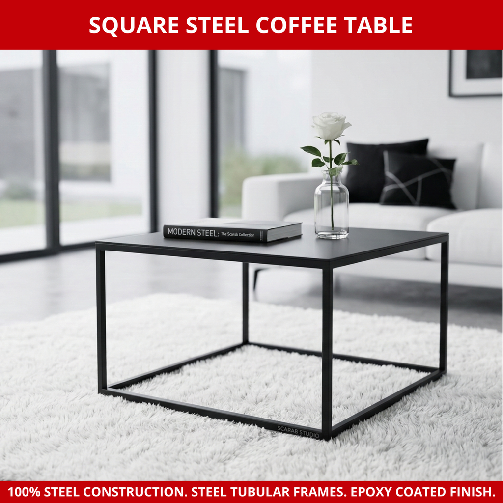 Scarab Emelyn Square Coffee Table, Fully Assembled Powder Coated Steel Minimalist Living Room Furniture