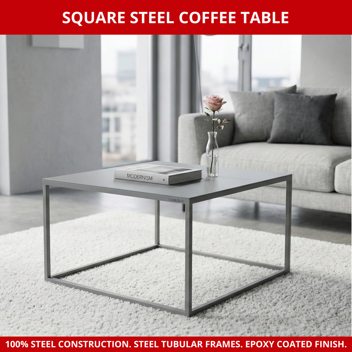 Scarab Emelyn Square Coffee Table, Fully Assembled Powder Coated Steel Minimalist Living Room Furniture